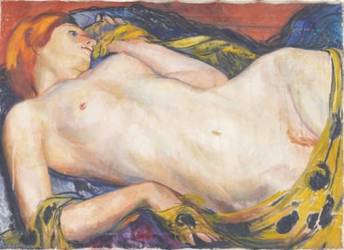 Large Antique American WPA Modernist Reclining Nude Woman Portrait Original Oil Painting