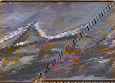 Vintage American Modernist Abstract Brooklyn Bridge New York Cityscape Framed Oil Painting (1 of 6)