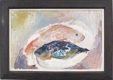 Antique American Modernist Fish Still Life Framed Original Oil Painting