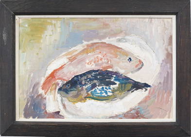 Antique American Modernist Fish Still Life Framed Original Oil Painting (1 of 5)