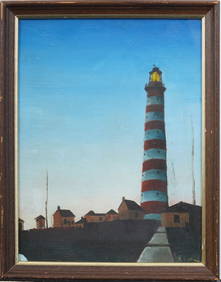 Incredible American Modernist Nocturnal Lighthouse New England Landscape Framed Oil Painting (1 of 6)