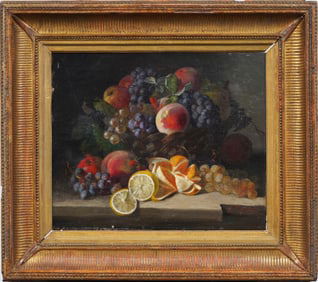 Antique French 19th Century Realist Fruit and Flower Still Life Framed Oil Painting