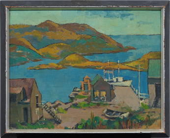 Vintage Modernist New England Framed Seascape Fishing Village Oil Painting (1 of 6)
