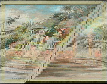 "Duke Street, Kingston Jamaica" Antique Signed Impressionist Tropical Palm Landscape Oil Painting (1 of 7)