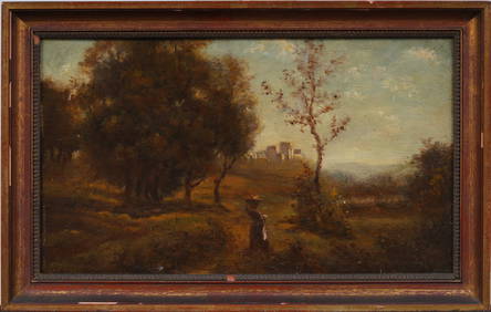 Antique French Impressionist Barbizon Landscape with Figure Framed Oil Painting (1 of 6)