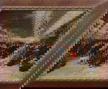 Contemporary Super Detailed Train Station Framed Oil Painting: Contemporary oil painting. Oil on board. Signed. Framed. Measuring 20 by 24 inches and 16 by 20 painting alone. Please see all images for condition. Size is measured and written on the back of the pai