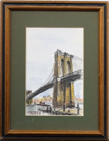 Signed Marsh Modernist View of the Brooklyn Bridge Framed Original Watercolor Painting