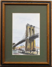 Signed Marsh Modernist View of the Brooklyn Bridge Framed Original Watercolor Painting (1 of 6)