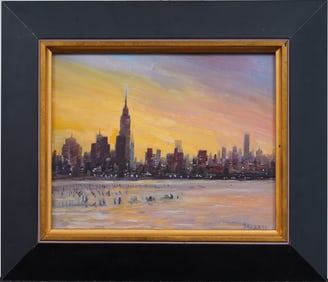 Contemporary American Modernist Cityscape Framed Sunset New York Central Park Oil Painting