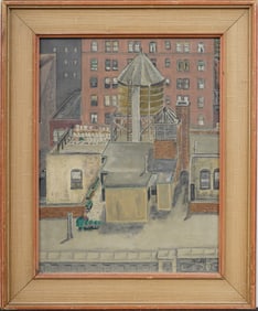 Antique American Modernist WPA New York City Aerial View Street Scene Signed Oil Painting