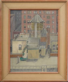 Antique American Modernist WPA New York City Aerial View Street Scene Signed Oil Painting (1 of 7)
