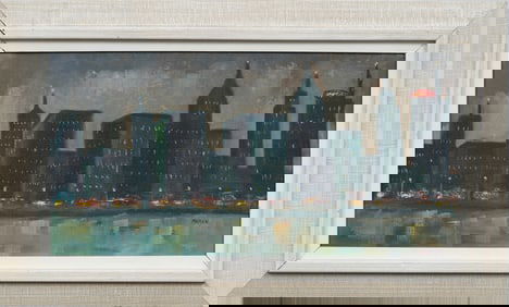 Antique American Nocturnal New York Cityscape East River Framed Signed Oil Painting