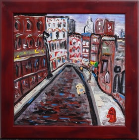 Vintage American Modernist Outsider Street Scene Framed Original Oil Painting