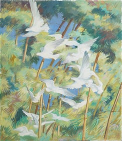Large Antique American Impressionist Tropical Flying Birds Original Oil Painting
