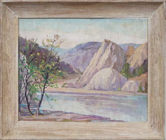 Antique Western Colorado River Framed Impressionist Landscape Oil Painting