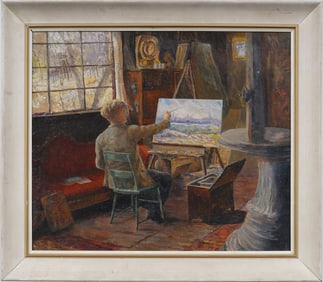 Finely Painted Antique American School Artist Studio Interior View Framed Oil Painting