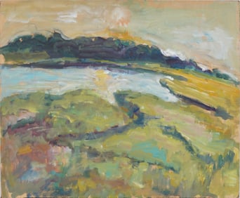 Vintage American Modernist Abstract Sunlit Landscape Oil Painting