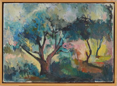 Jack E Johnson (1933 - 1957) Signed American Modernist Orchard Landscape Framed Painting (1 of 6)