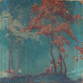 Helen van Doorn Morgan (1902 - 1986) Antique American Art Nouveau Moonlit Landscape Oil Painting
