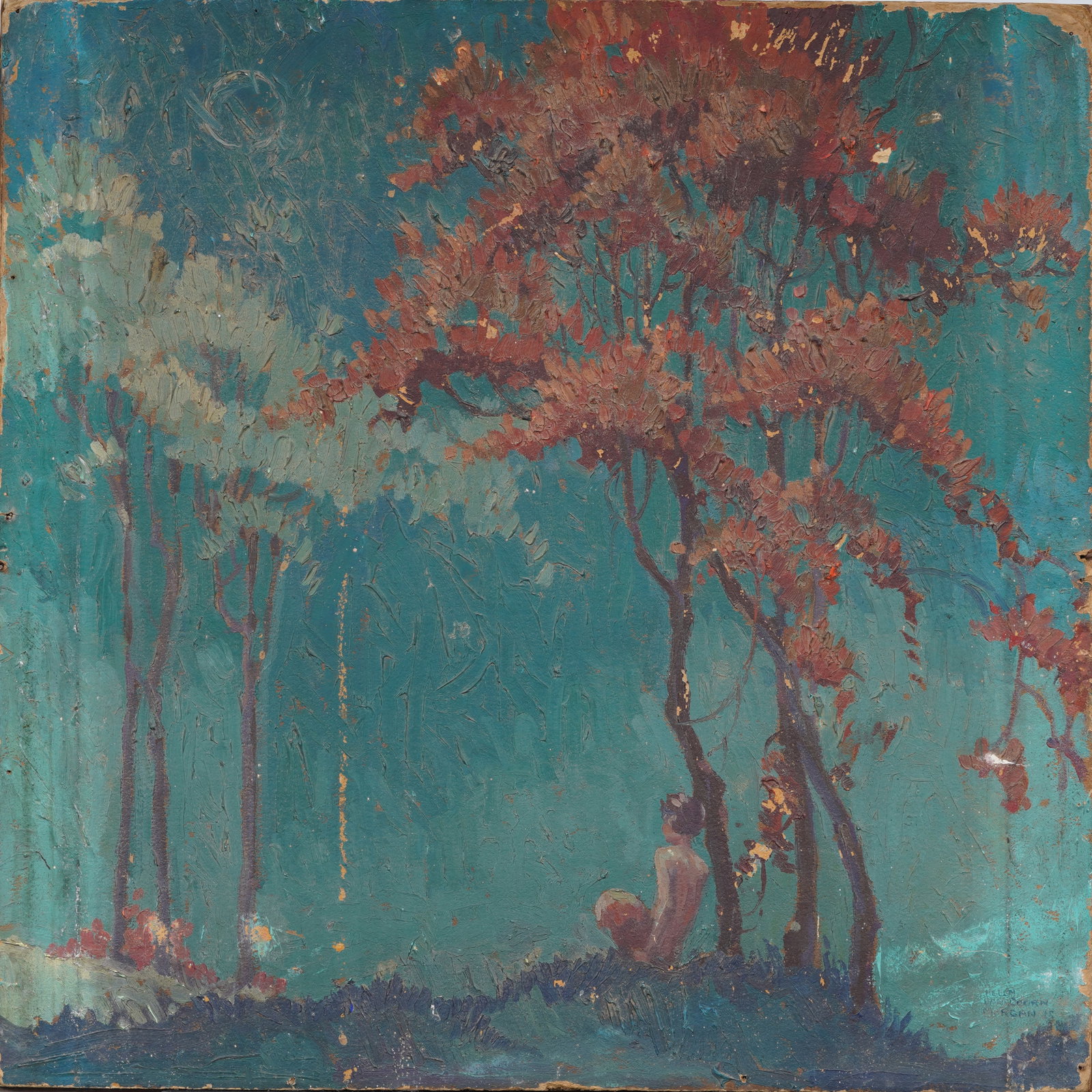 Helen van Doorn Morgan (1902 - 1986) Antique American Art Nouveau Moonlit Landscape Oil Painting: Antique American oil painting. Oil on board. Signed. Measuring 24 by 24 inches. Please see all images for condition. Size is measured and written on the back of the painting. The first size is the ove