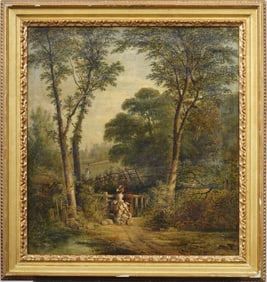 Antique English 19th Century Framed Landscape Figural "Out for a Stroll" Oil Painting