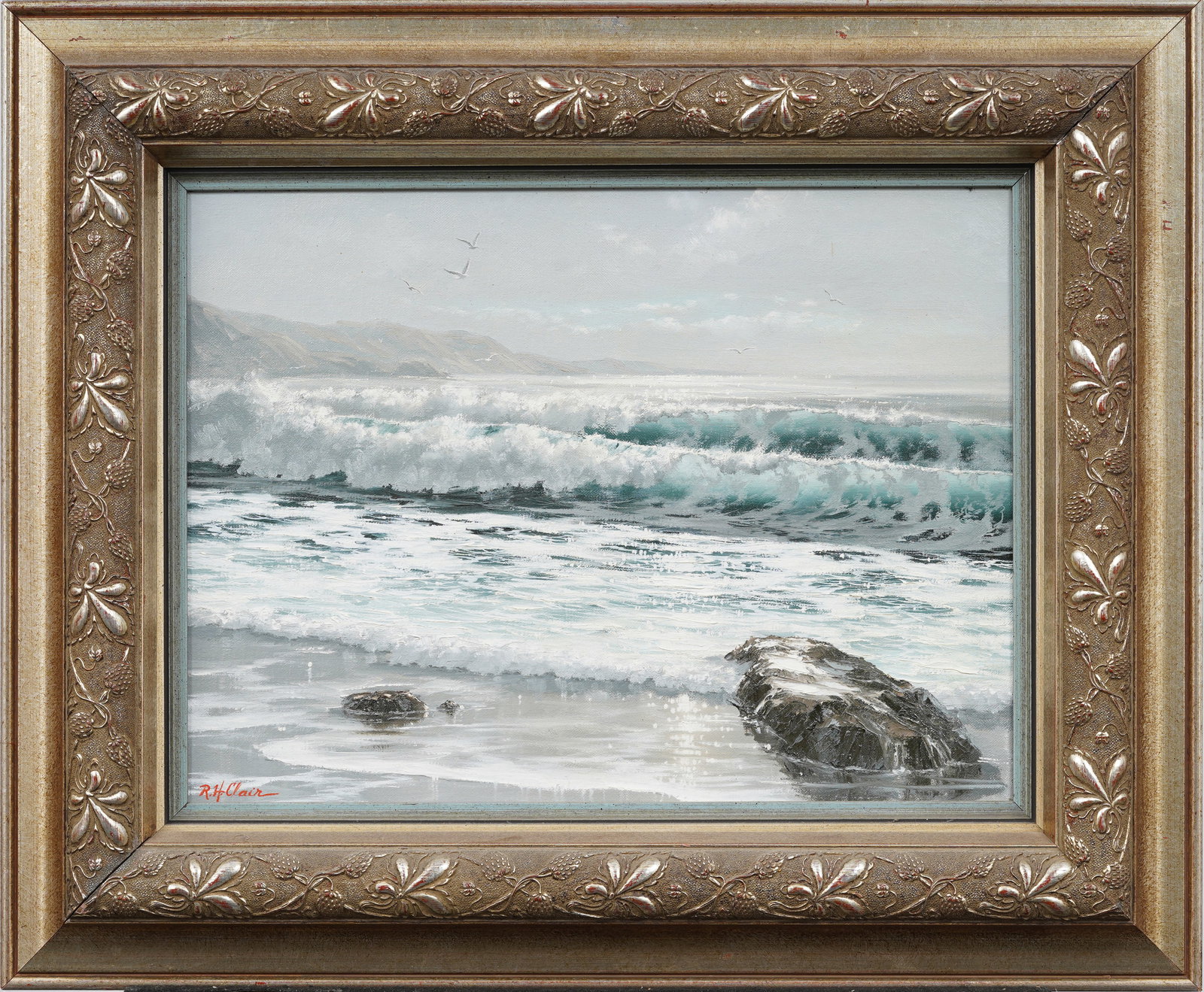 Vintage American Impressionist Crashing Surf Seascape Signed "R.H. Clair" Original Oil Painting (1 of 6)