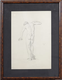 Antique European Male Nude Original Framed Portrait Drawing