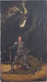 Vintage American School Comic Illustration Dragon Slayer Mythological Realist Oil Painting