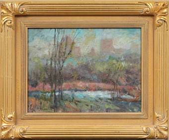 Antique American Impressionist Wide Gold Framed Landscape Oil Painting