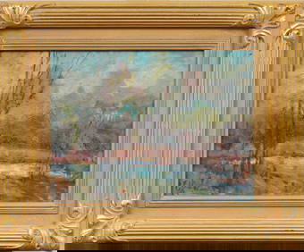 Antique American Impressionist Wide Gold Framed Landscape Oil Painting (1 of 6)