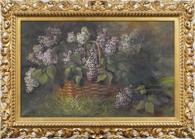 Josephine Thompson Antique American Still Life in Landscape Framed Lilac Flower Oil Painting