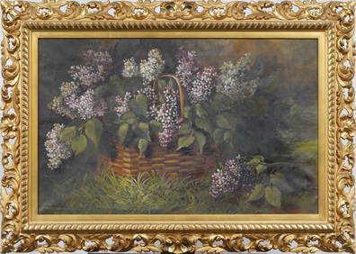 Josephine Thompson Antique American Still Life in Landscape Framed Lilac Flower Oil Painting (1 of 6)