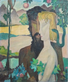 John Law Walker (1899 - 1965) Antique American Large Modernist Nude Couple Portrait Oil Painting