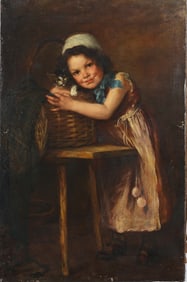 Antique American or European Young Girl and Cat Portrait Large 19th Century Oil Painting