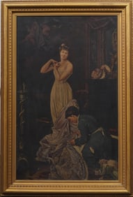 Large Antique American or European Interior Scene "The Seamstress" Original Framed Oil Painting