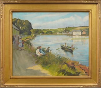Antique American Impressionist Summer River Scene Nicely Framed Original Oil Painting