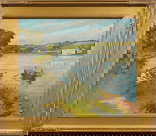 Antique American Impressionist Summer River Scene Nicely Framed Original Oil Painting (1 of 6)