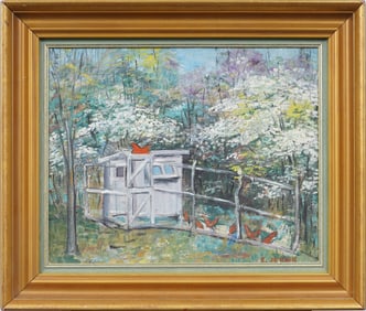 Antique American Modernist Folk Art Cherry Blossom Chicken Grazing Signed Framed Oil Painting