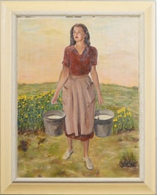 Antique American WPA Modernist Regional Large Framed Portrait Oil Painting Dated 1947