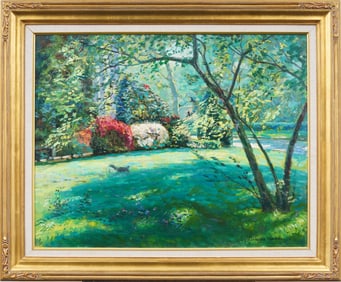 Antique American Impressionist Sunlit Flower Garden Landscape Framed Signed Oil Painting