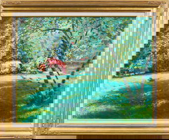 Antique American Impressionist Sunlit Flower Garden Landscape Framed Signed Oil Painting (1 of 6)