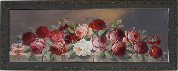 Large Antique American Realist Cut Roses Flower Still Life Signed Original Oil Painting