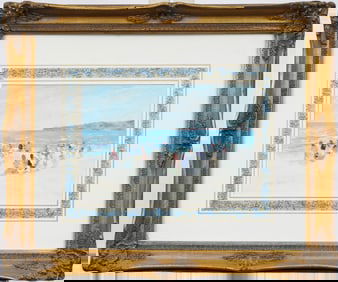 Signed Antique American Impressionist Gilt Framed Beach Scene Original Seascape Oil Painting
