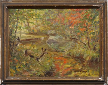 Antique American Impressionist Signed Deer Grazing in a Forest Landscape Oil Painting