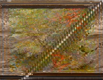 Antique American Impressionist Signed Deer Grazing in a Forest Landscape Oil Painting (1 of 6)
