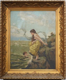 Antique European Nude Portrait Symbolist Seascape Framed 19th Century Oil Painting