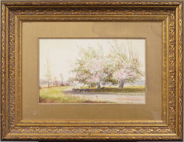 Antique American Impressionist Sheep Grazing Spring Blossom Landscape Framed Painting (1 of 6)
