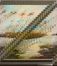 Antique American Tropical Marsh Landscape Egrets Fishing Framed Oil Painting