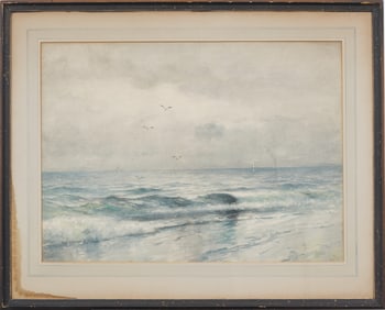 Large Panoramic American Hudson River School Beach Seascape Framed Painting