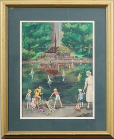 Antique American Impressionist Central Park Boat Race Illustration Framed Painting